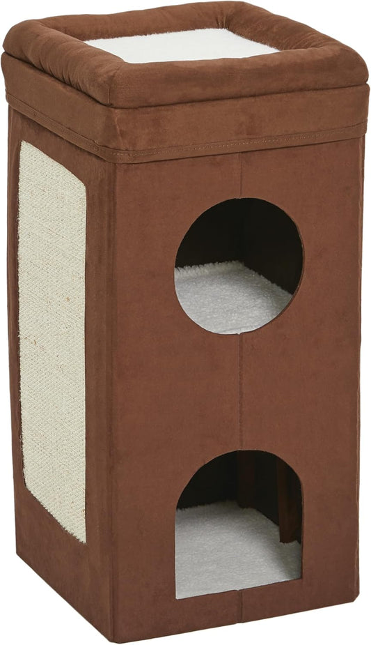 Cat Condo | Tri-Level Design in Brown Faux Suede & Synthetic Sheepskin | 14.6L X 14.72W X 30.39H Inches