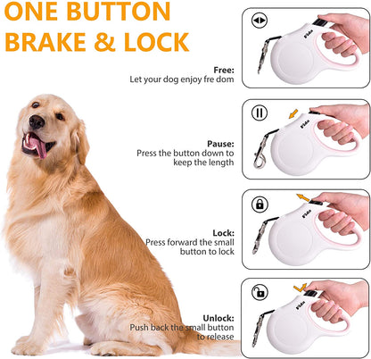 Retractable Dog Leash for Small Breed up to 26 Lbs, 16 Ft Pet Walking Leash with Dispenser and Poop Bags, Anti-Slip Handle, Reflective Strong Nylon Tape, One-Handed Brake (S, White & Pink)