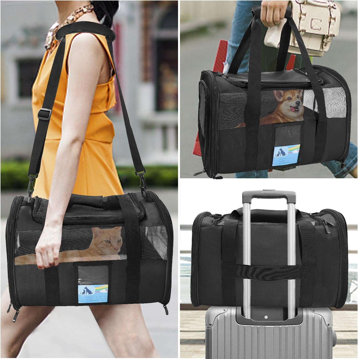 Airline Approved Pet Carrier - Soft & Stylish Cat and Dog Carrier for Medium & Small Pets, TSA Compliant, Up to 15 Lbs, Black