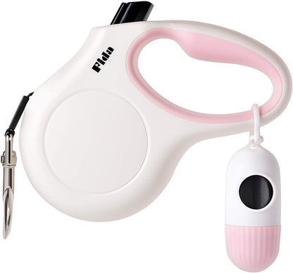 Retractable Dog Leash for Small Breed up to 26 Lbs, 16 Ft Pet Walking Leash with Dispenser and Poop Bags, Anti-Slip Handle, Reflective Strong Nylon Tape, One-Handed Brake (S, White & Pink)