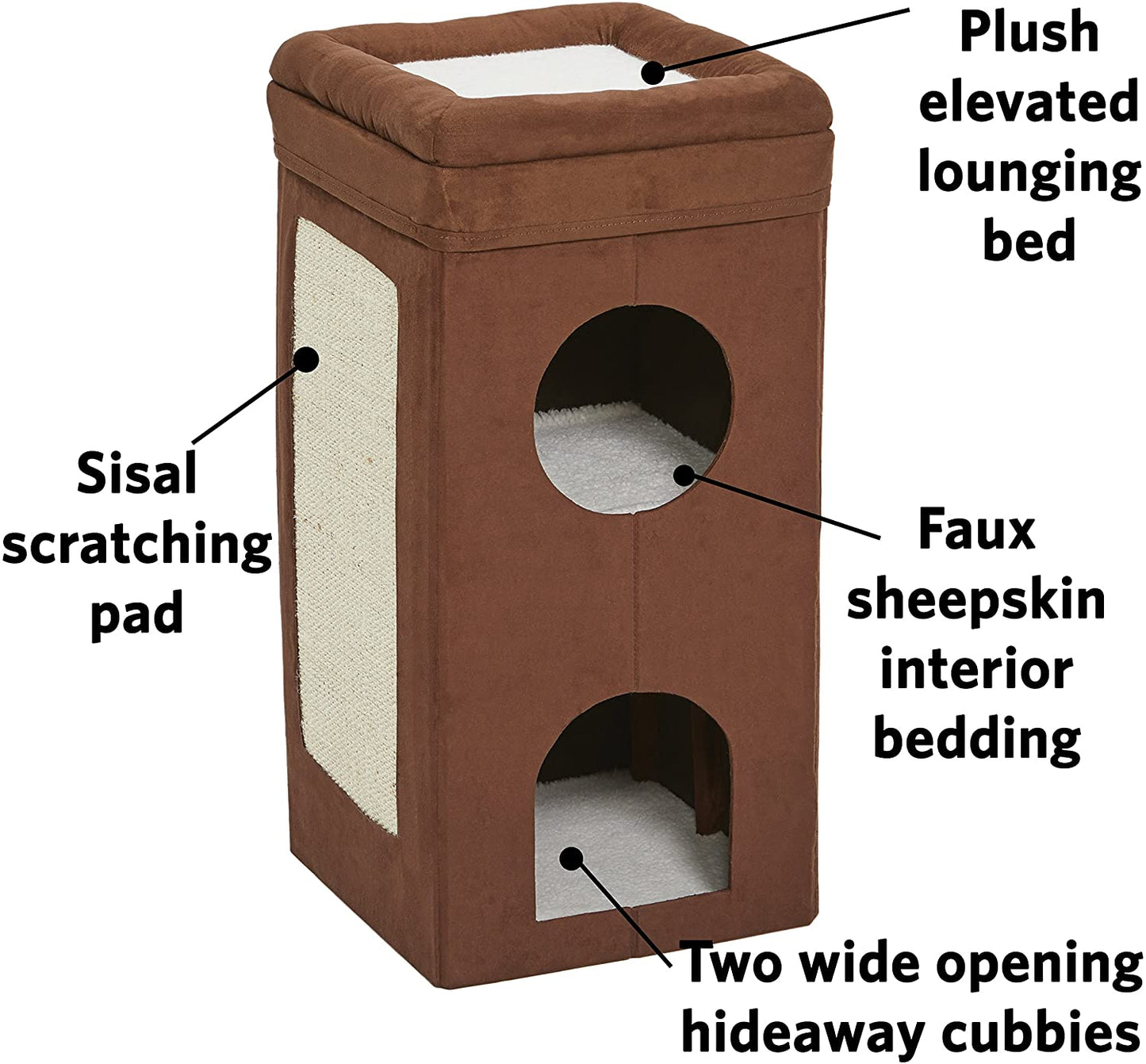 Cat Condo | Tri-Level Design in Brown Faux Suede & Synthetic Sheepskin | 14.6L X 14.72W X 30.39H Inches