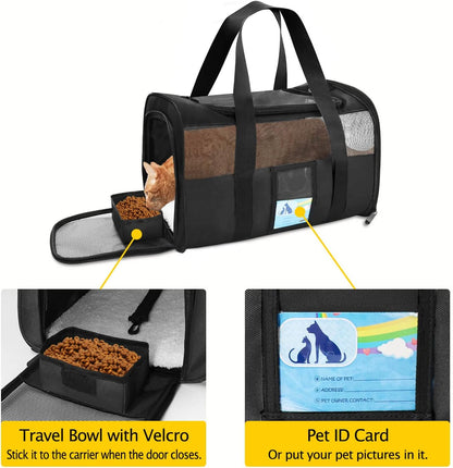 Airline Approved Pet Carrier - Soft & Stylish Cat and Dog Carrier for Medium & Small Pets, TSA Compliant, Up to 15 Lbs, Black