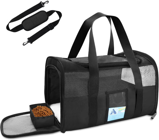 Airline Approved Pet Carrier - Soft & Stylish Cat and Dog Carrier for Medium & Small Pets, TSA Compliant, Up to 15 Lbs, Black