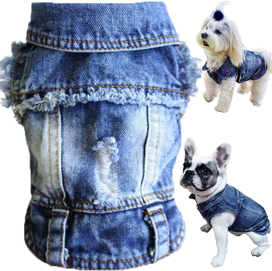 Dog Jean Jacket, Blue Denim Lapel Vest Coat T-Shirt Costume Girl Boy Puppy Clothes, Comfort and Cool Apparel for Small Medium Dogs Cats