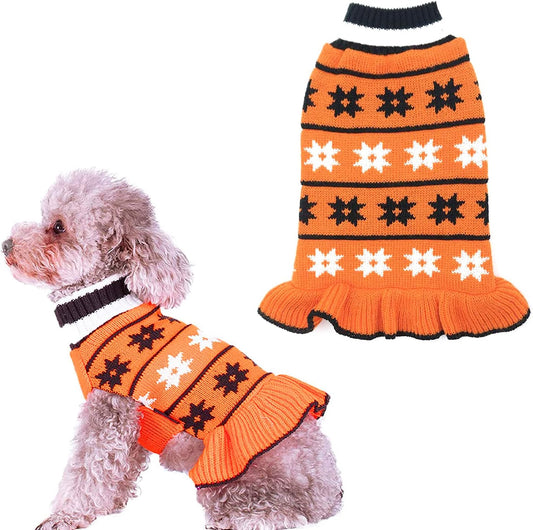 Halloween Dog Sweater for Small Dogs Fall Winter Dog Clothes Warm Dog Coats Turtleneck Pullover Knit Dog Sweater with Leash Hole Cute Dog Sweater Dress with Snow Flake, Girl Orange, X-Small