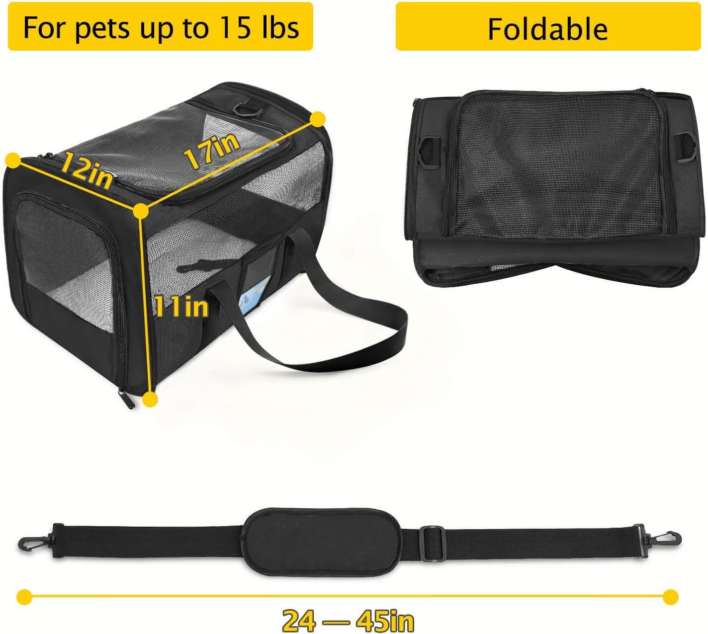Airline Approved Pet Carrier - Soft & Stylish Cat and Dog Carrier for Medium & Small Pets, TSA Compliant, Up to 15 Lbs, Black